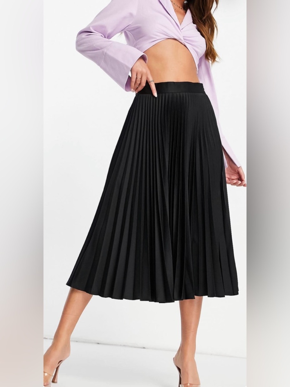 High-Waist Black Pleated Midi Skirt